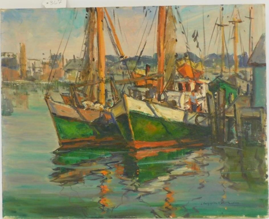 Appraisal: MARGUERITE PEASLEE - MA OIL PAINTINGon canvas titled Gloucester Boats