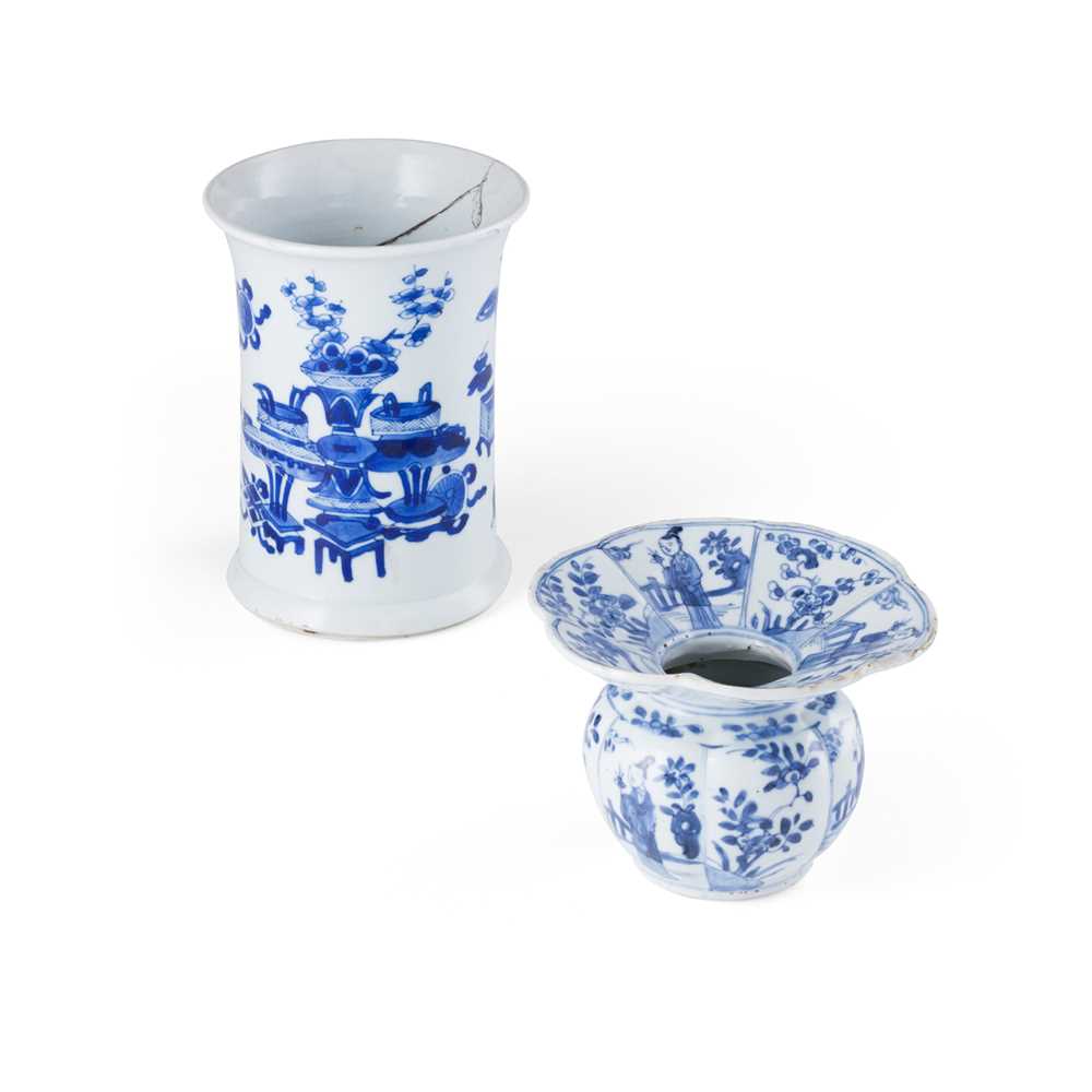 Appraisal: BLUE AND WHITE BRUSH POT AND FLOWER POT QING DYNASTY