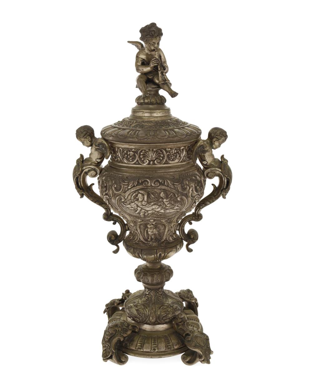 Appraisal: A Portuguese silvered-bronze lidded urn First-Quarter th Century With Portuguese