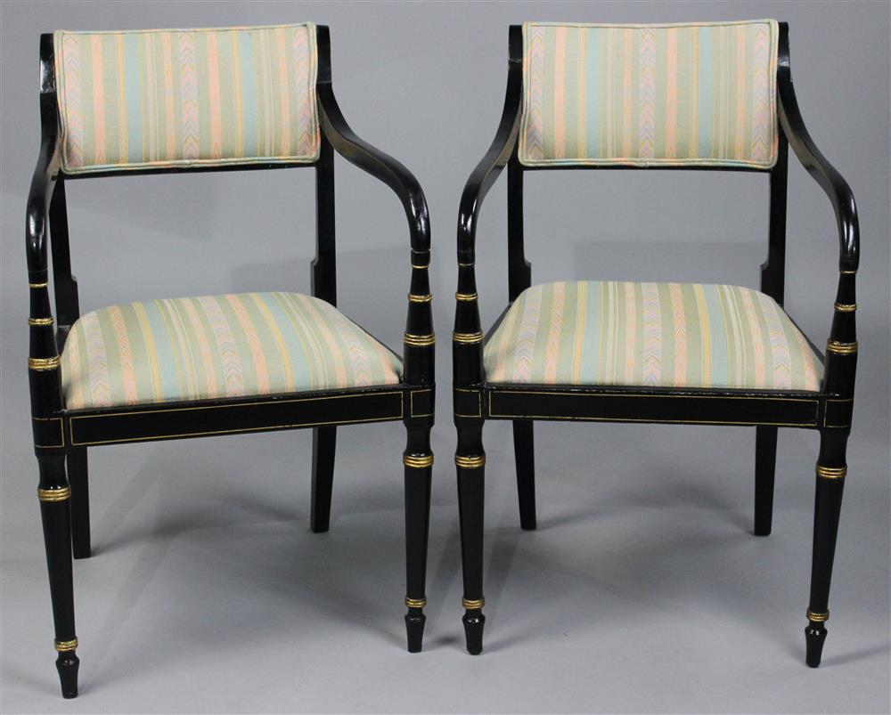 Appraisal: PAIR OF REGENCY STYLE EBONIZED AND GILT DECORATED CHAIRS the