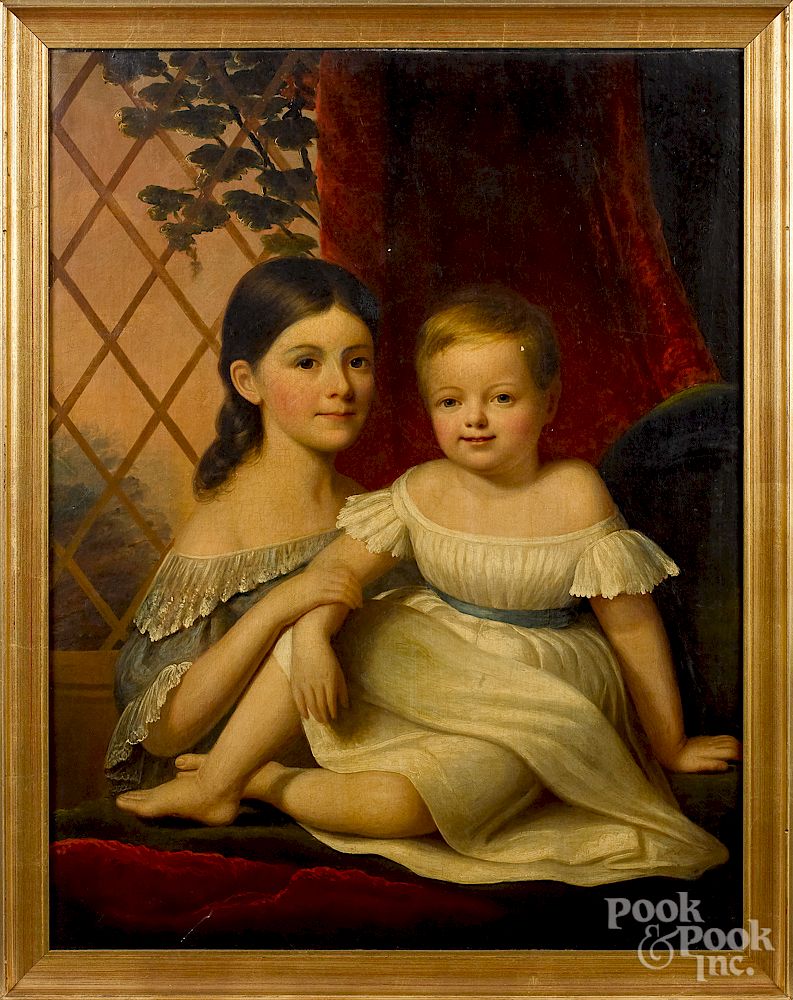 Appraisal: American oil on canvas portrait of two children Exclusive on