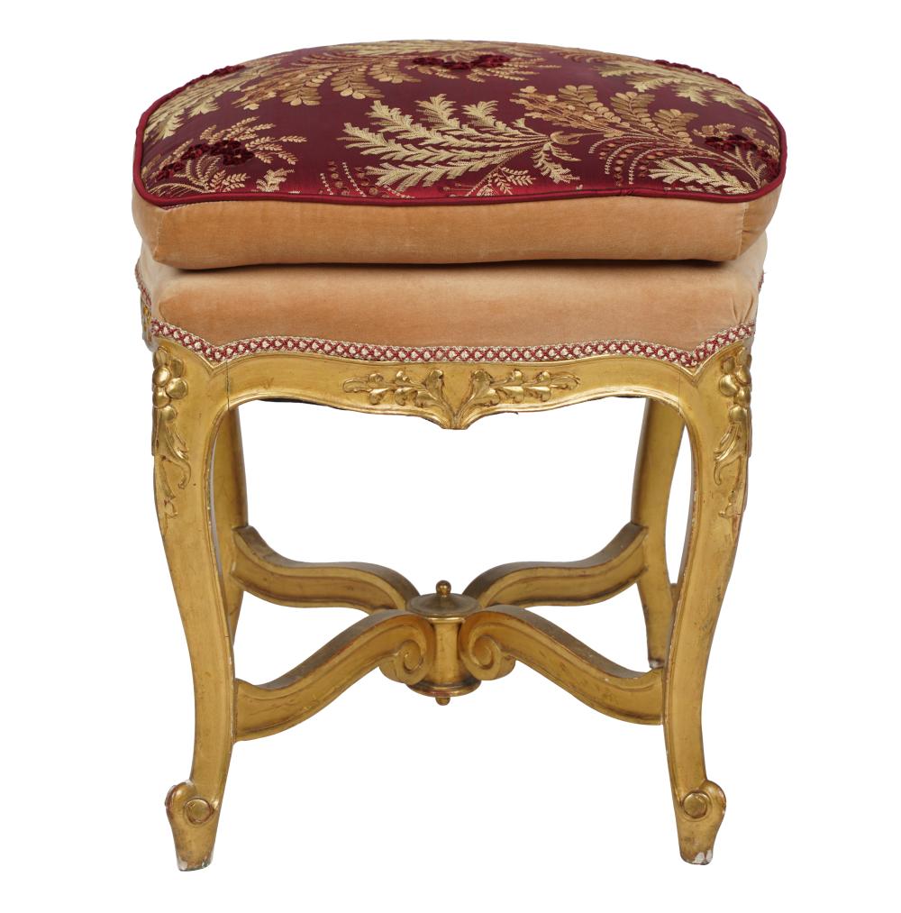 Appraisal: ROCOCO-STYLE GILTWOOD STOOLwith embroidered seat cushion Condition with slight loss