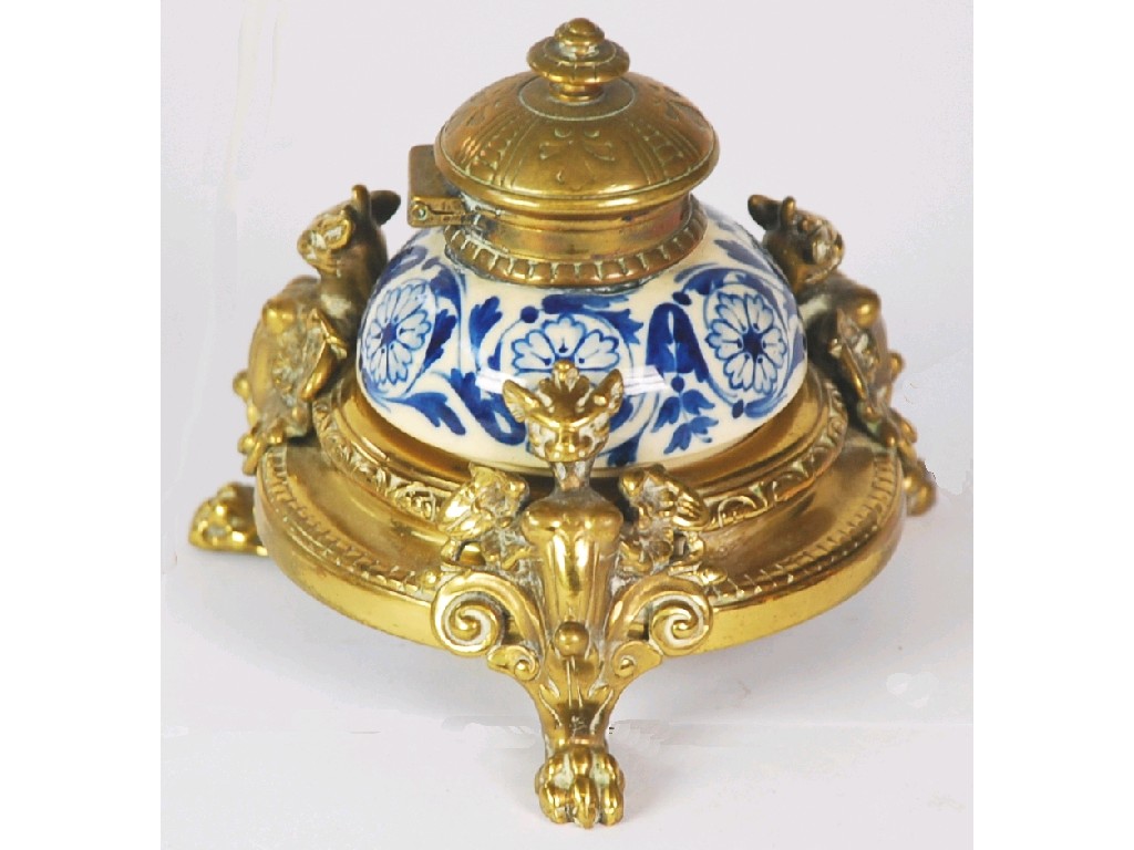 Appraisal: VICTORIAN BRASS AND POTTERY INKWELL circular with blue and white