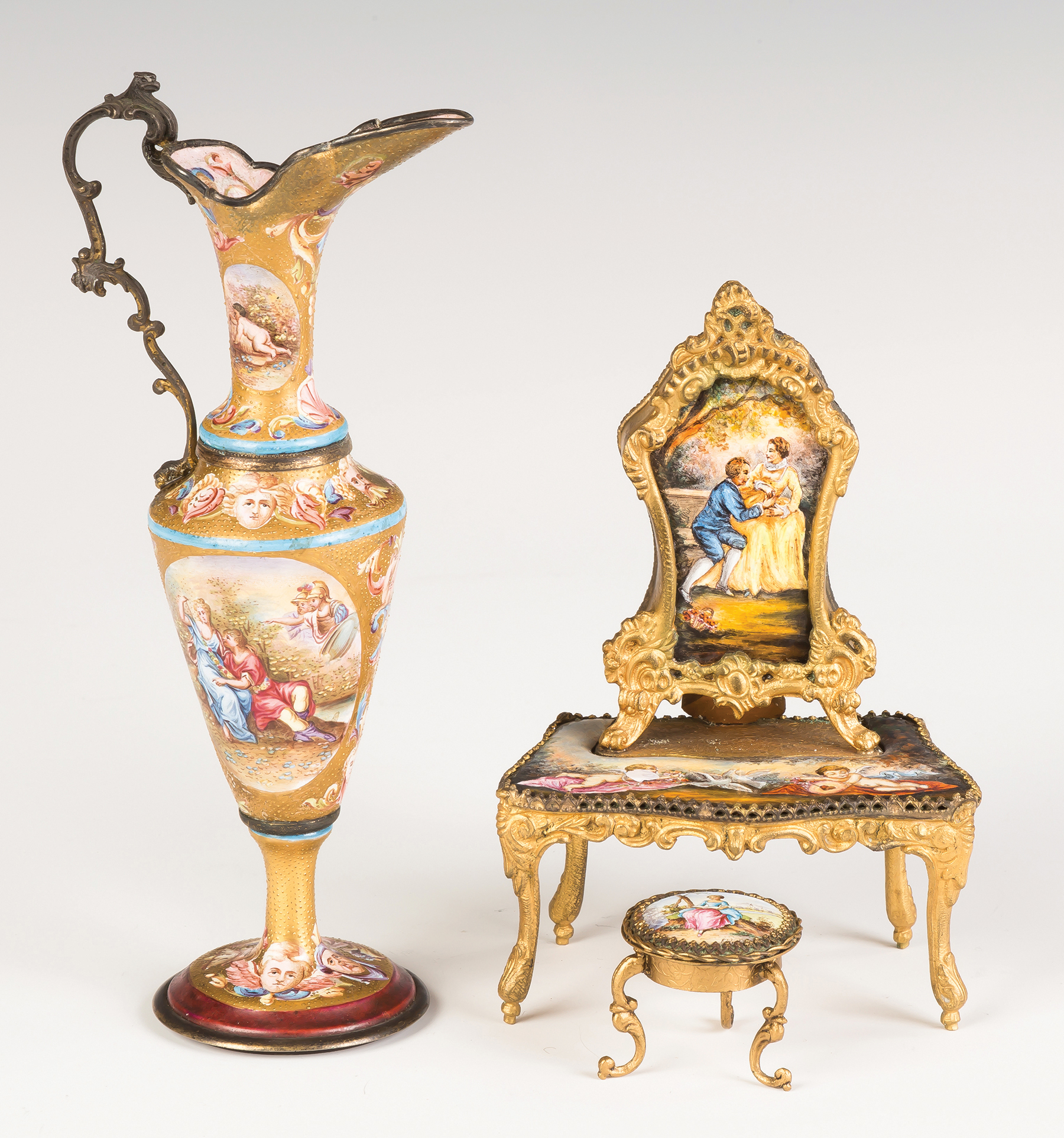 Appraisal: Viennese Enameled Ewer and Dressing Table with Music Box Early