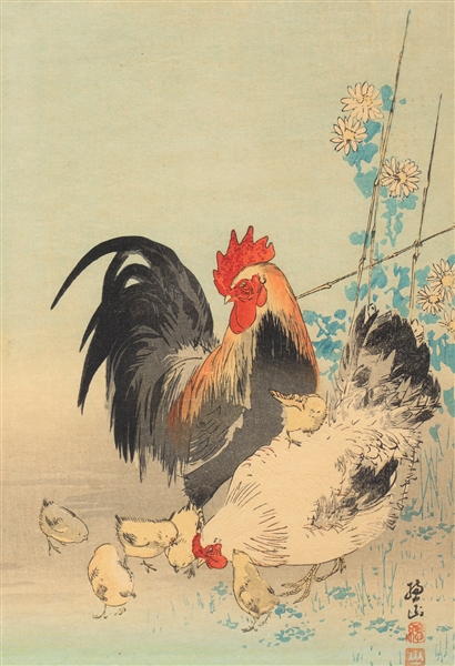 Appraisal: Antique Japanese woodblock print of rooster hen and chicks with