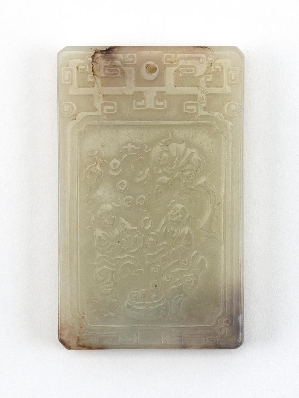 Appraisal: CHINESE CARVED CELADON JADE PENDANT LENGTH CHINESE CARVED CELADON JADE