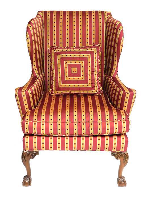 Appraisal: Chippendale style wing back chair by Southwood new silk cranberry