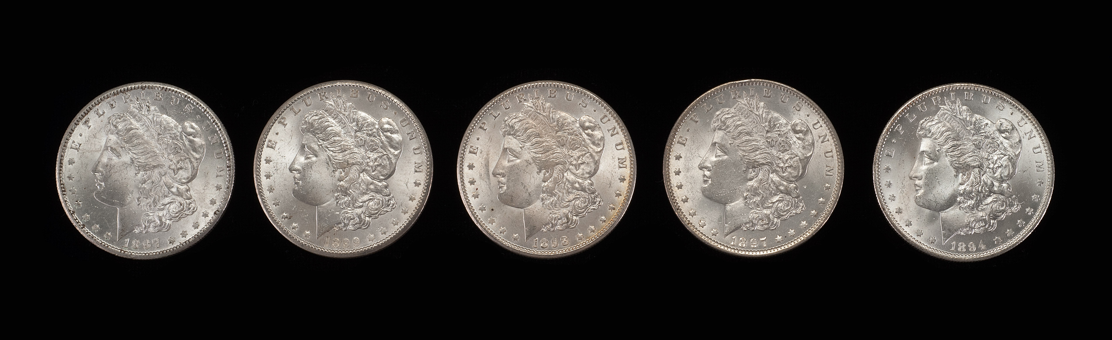 Appraisal: FIVE U S MORGAN SILVER DOLLARS -S -S -O and