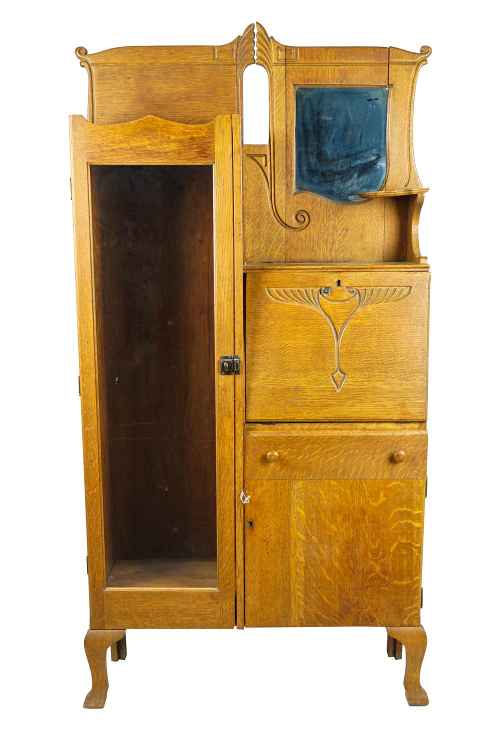 Appraisal: OAK DROP-FRONT DESK BOOKCASEwith a glazed door enclosing a bookcase