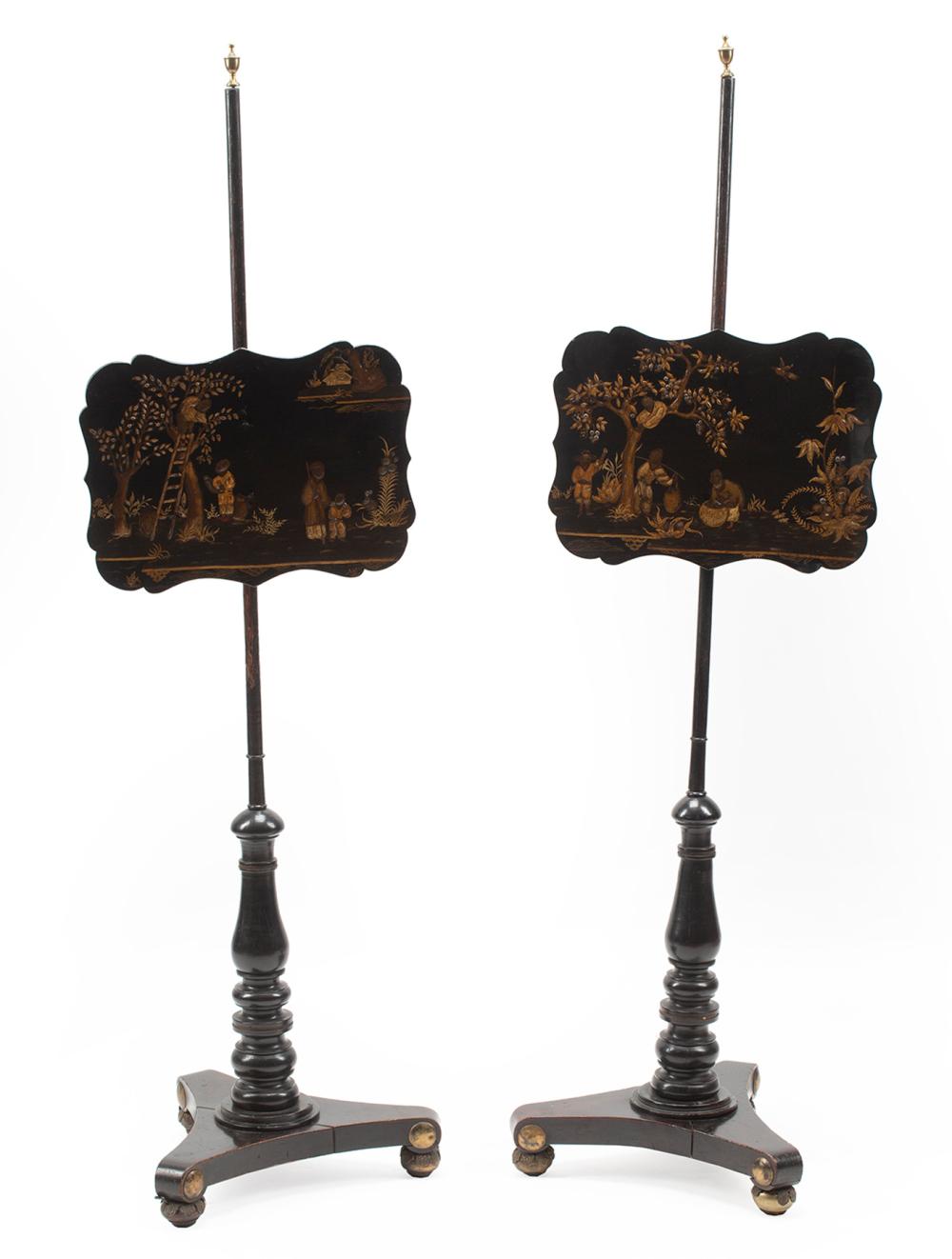 Appraisal: Pair of George III Chinoiserie Fire Screens th c ebonized