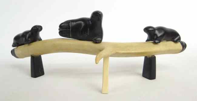 Appraisal: Inuit Eskimo sculpture three seals on bone '' W