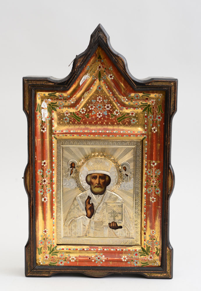 Appraisal: RUSSIAN ICON OF ST NICHOLAS THE WONDER WORKER WITH SILVER