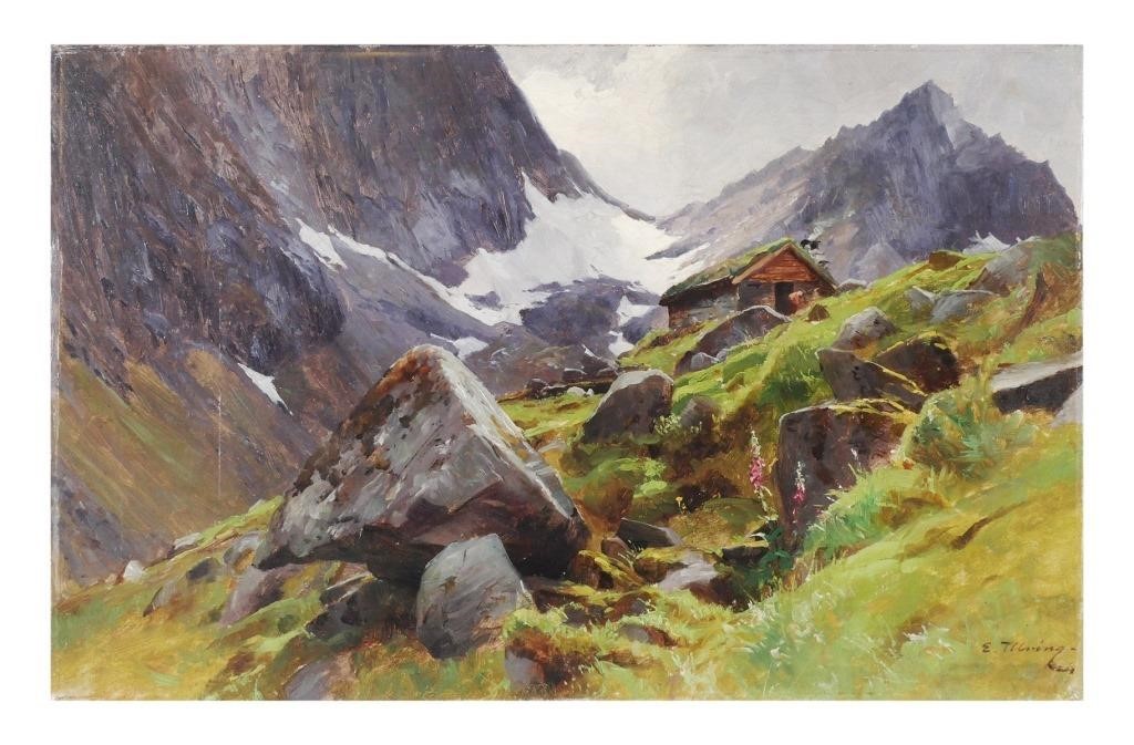 Appraisal: Oil on canvas landscape painting by Even Ulving Norwegian -