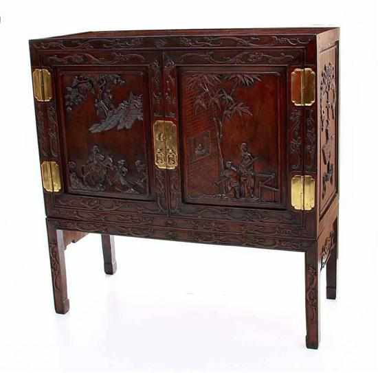 Appraisal: Carved Oriental hardwood cabinet on stand th century flat raised