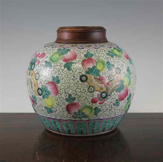 Appraisal: A Chinese famille rose globular jar with wood cover late