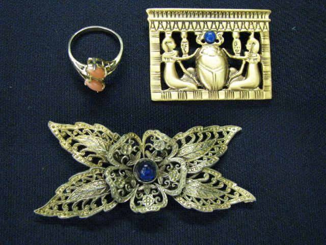 Appraisal: pcs Costume Jewelry Egyptian design brooch bow brooch coral ring