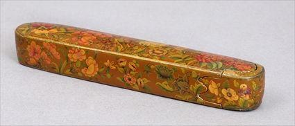 Appraisal: PERSIAN BROWN-GROUND LACQUER PEN BOX The sliding case painted at