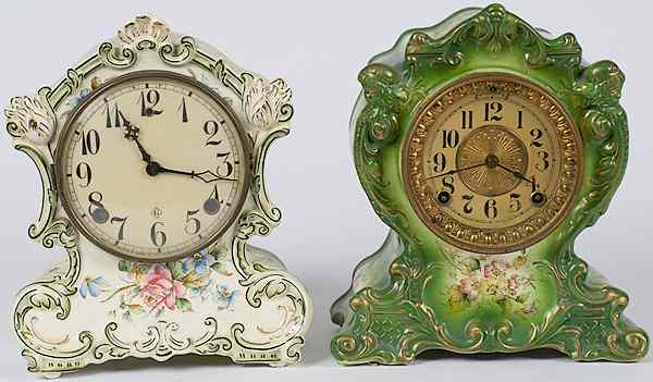 Appraisal: Ansonia-Style Clocks American two green Ansonia-style clocks each with Arabic