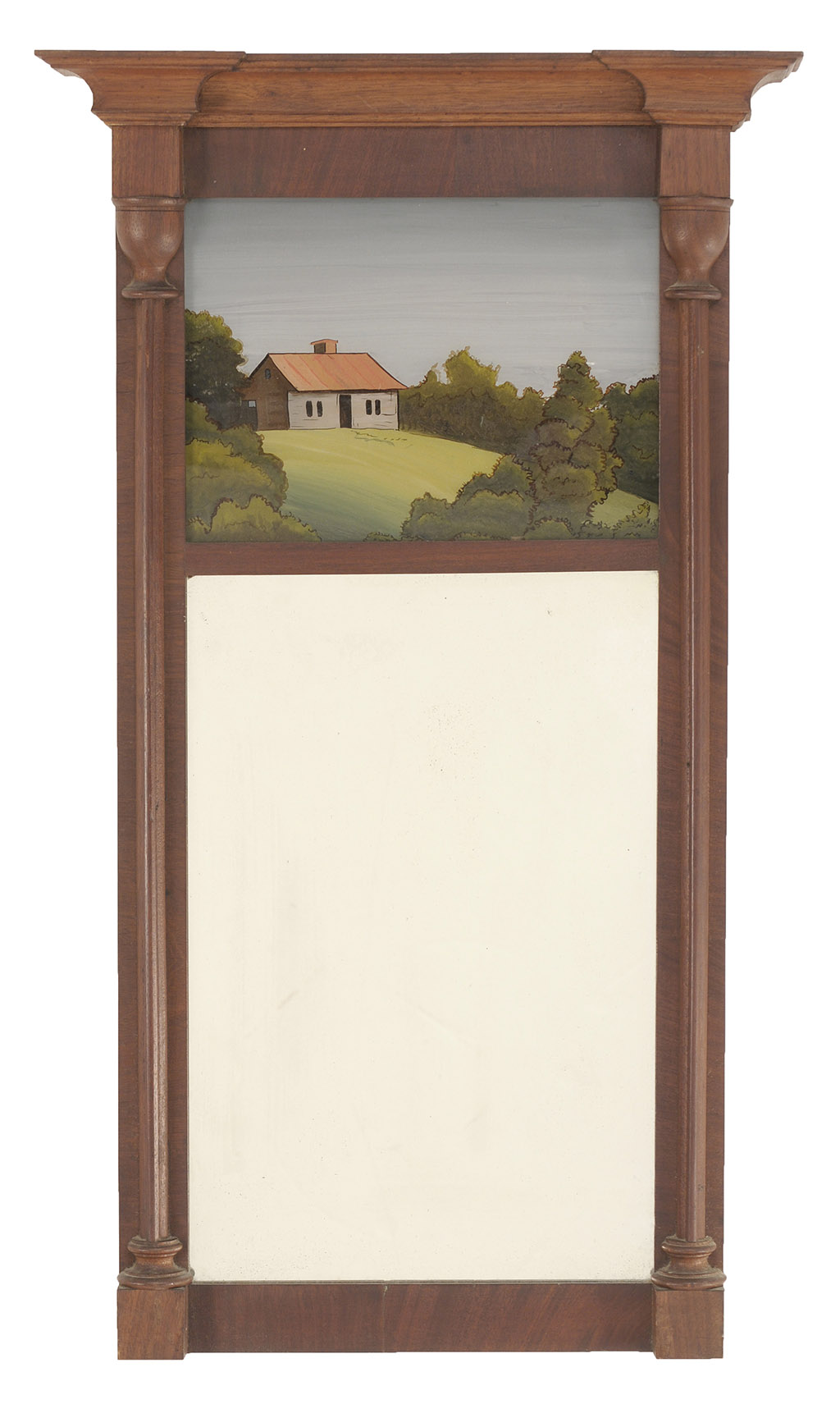 Appraisal: MAHOGANY AND MAHOGANY-VENEER HALF-COLUMN MIRROR With reverse-painted upper tablet depicting