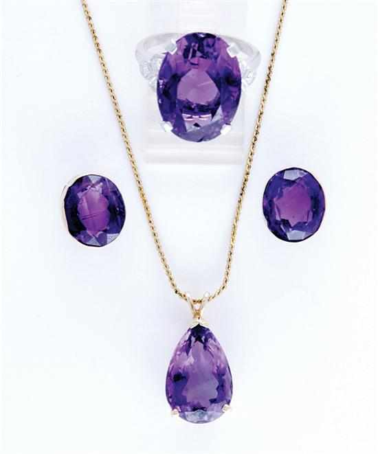 Appraisal: Amethyst pendant earrings and ring K yellow gold pendant with