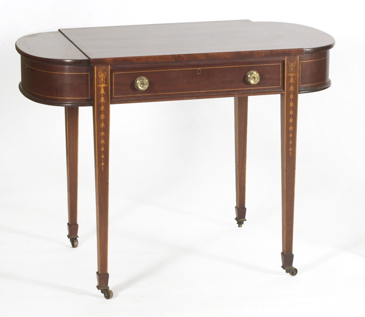 Appraisal: HEPPLEWHITE-STYLE ONE-DRAWER WRITING TABLE In mahogany with bellflower and boxwood