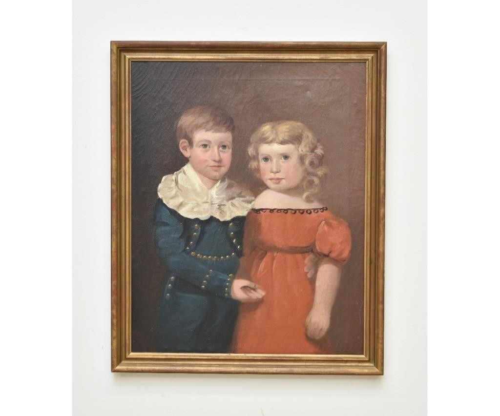 Appraisal: Oil on canvas portrait of a boy and girl th