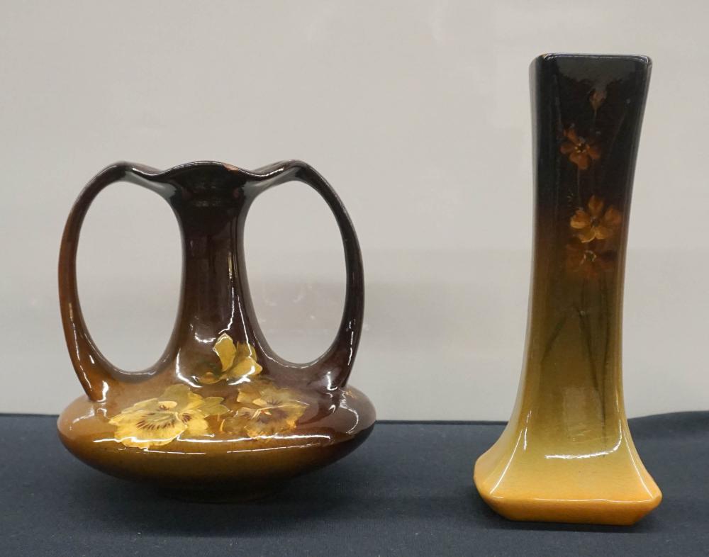 Appraisal: WELLER FLORAL DECORATED POTTERY VASE AND RP CO TWO-HANDLE VASE