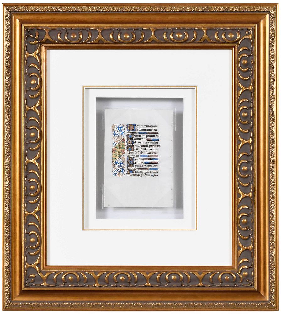 Appraisal: Framed Illuminated Manuscript Page Te Deum probably French possibly mid