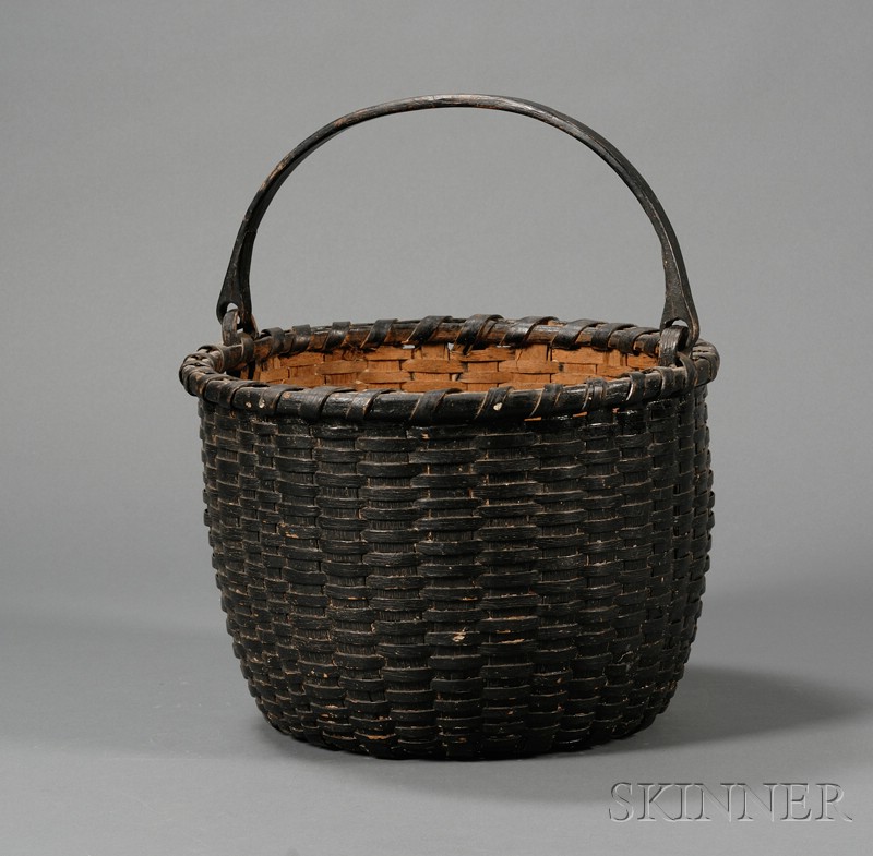 Appraisal: Black-painted Woven Splint Basket America late th century with carved