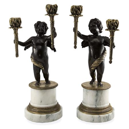 Appraisal: Pair of Louis XVI Style Gilt and Patinated-Metal Two-Light Candelabra