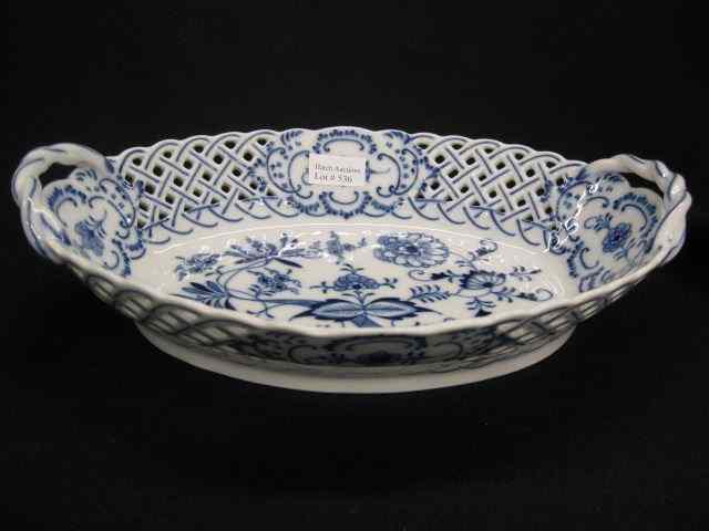 Appraisal: Meissen Blue Onion Porcelain Oval Basket reticulated openwork handled ''