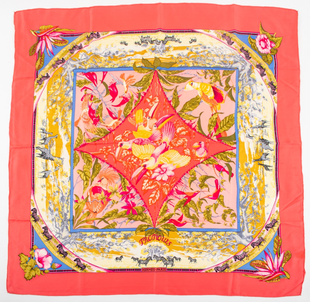 Appraisal: HERMES TROPIQUES SILK TWILL SCARF Hermes square silk twill scarf