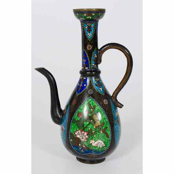 Appraisal: Cloisonne Ewer Asian Cloisonne ewer with four teardrop-shaped reserves each