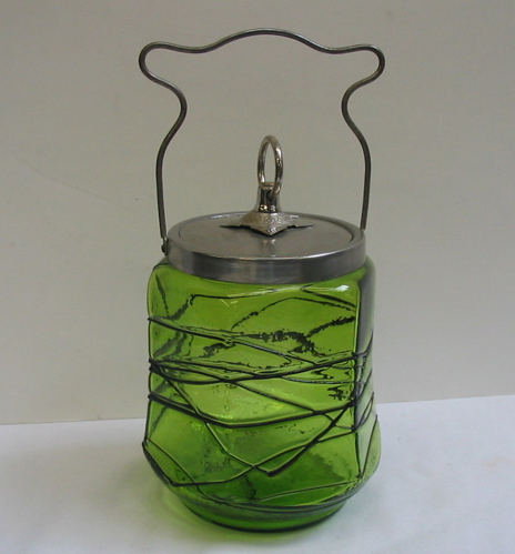 Appraisal: LOETZ ART GLASS BISCUIT BARREL black striations on green ground