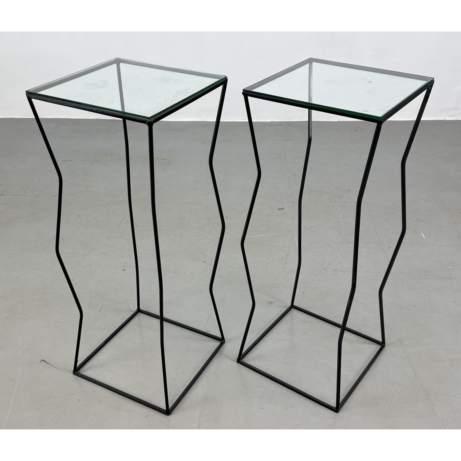 Appraisal: Pr Squiggly Side Metal Glass Top Display Stands Tables Dimensions