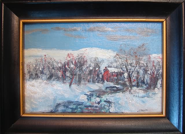 Appraisal: Snow landscape with red barn oil on board x SLR