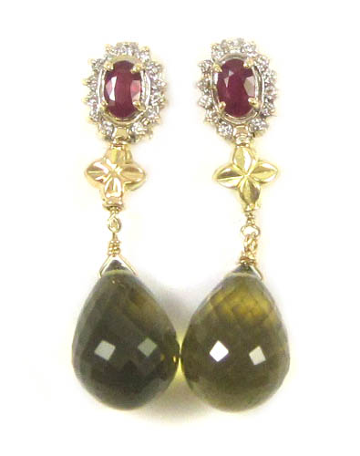 Appraisal: PAIR OF RUBY DIAMOND AND OLIVE GREEN QUARTZ EARRINGS each