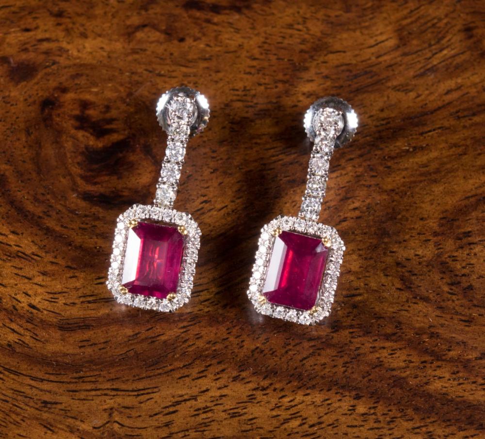 Appraisal: PAIR OF RUBY AND DIAMOND DANGLE EARRINGS with Gemstone Report