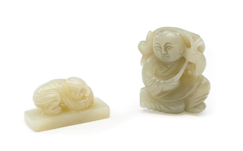 Appraisal: Two Chinese Celadon Jade Pieces incl boy with peach on