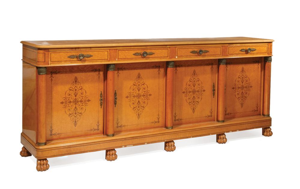 Appraisal: Restauration-Style Bronze-Mounted Inlaid Birdseye Maple Buffet molded top four drawers