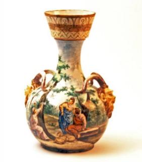 Appraisal: CONTINENTAL FAIENCE GOURD SHAPED URN WITH SATYR MASK HANDLES HAVING