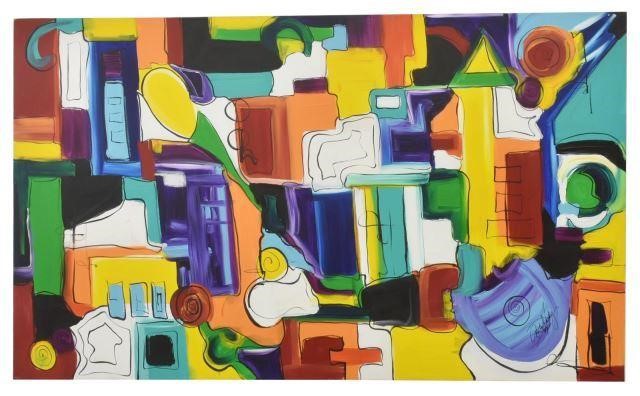 Appraisal: Unframed oil on canvas painting Polychromatic Abstract signed Anita Stoley