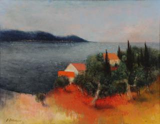 Appraisal: BISIAUX Pierre Oil on Canvas Houses on a Lake Signed