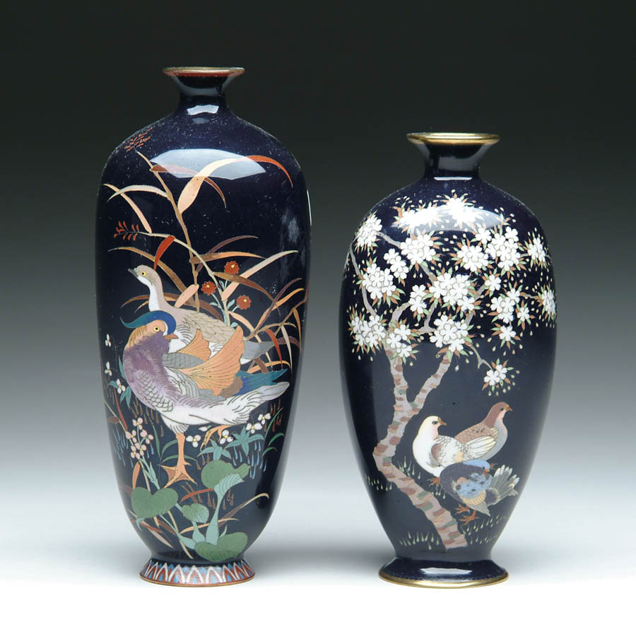 Appraisal: TWO JAPANESE CLOISONNE ENAMEL VASES - footed tapered vase with