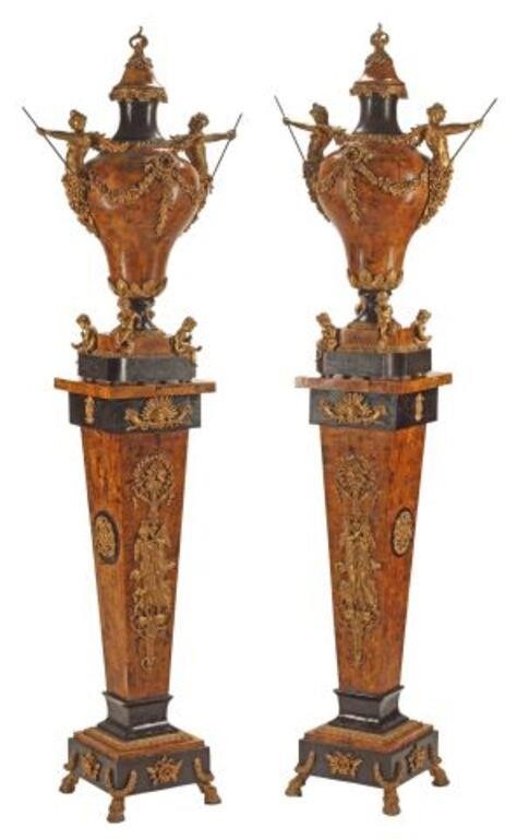 Appraisal: RENAISSANCE STYLE INLAID URNS ON PEDESTALS H pair Renaissance style