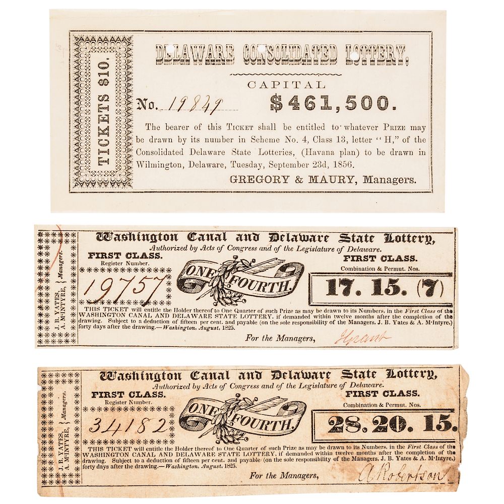 Appraisal: Trio of Historical Early Delaware Lottery Tickets Post-Revolutionary War to