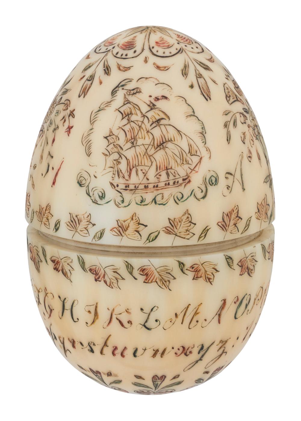 Appraisal: POLYCHROME SCRIMSHAW WHALE IVORY SEWING EGG DATED LENGTH POLYCHROME SCRIMSHAW