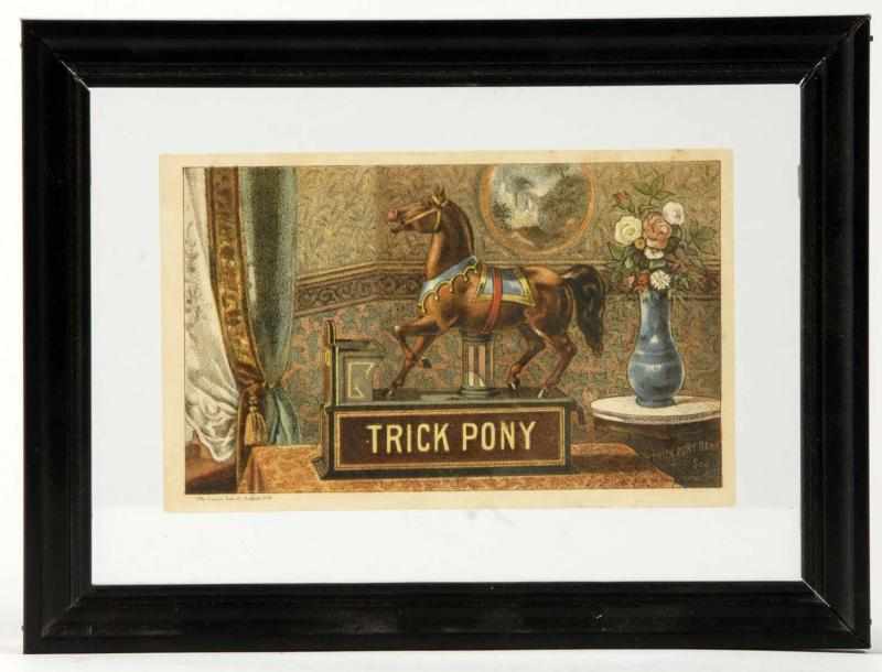 Appraisal: Trick Pony Mechanical Bank Trade Card Description Patented Full color