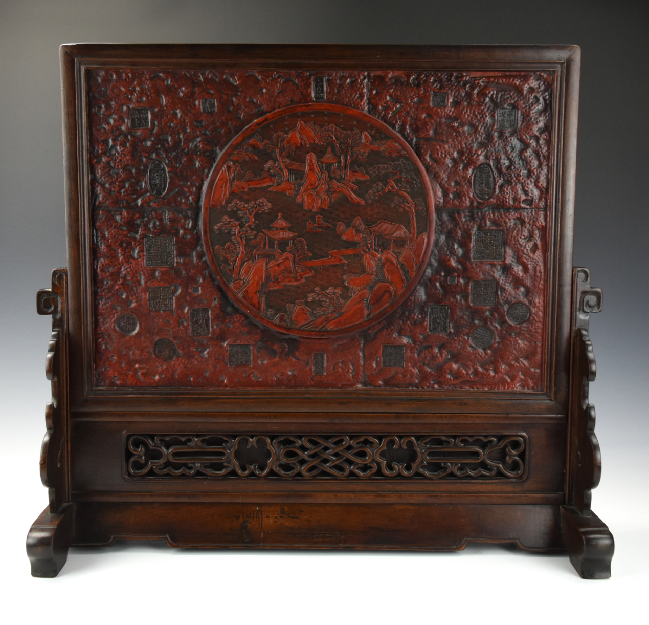 Appraisal: CHINESE CARVED LACQUER SCREEN W LANDSCAPE TH C Chinese th