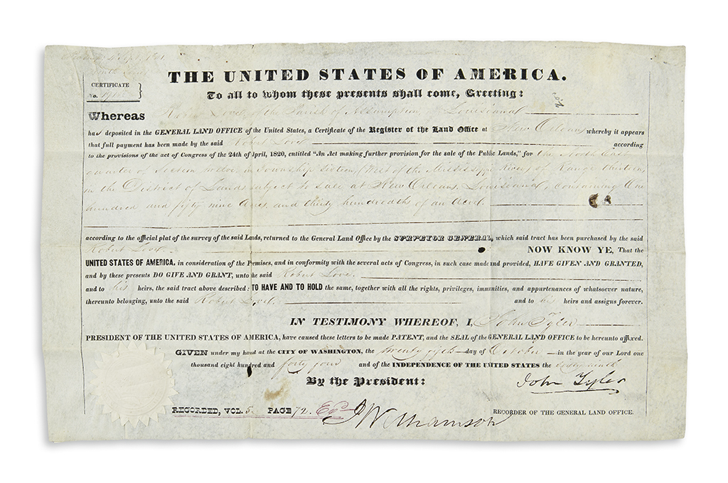 Appraisal: TYLER JOHN Partly-printed vellum Document Signed as President granting acres